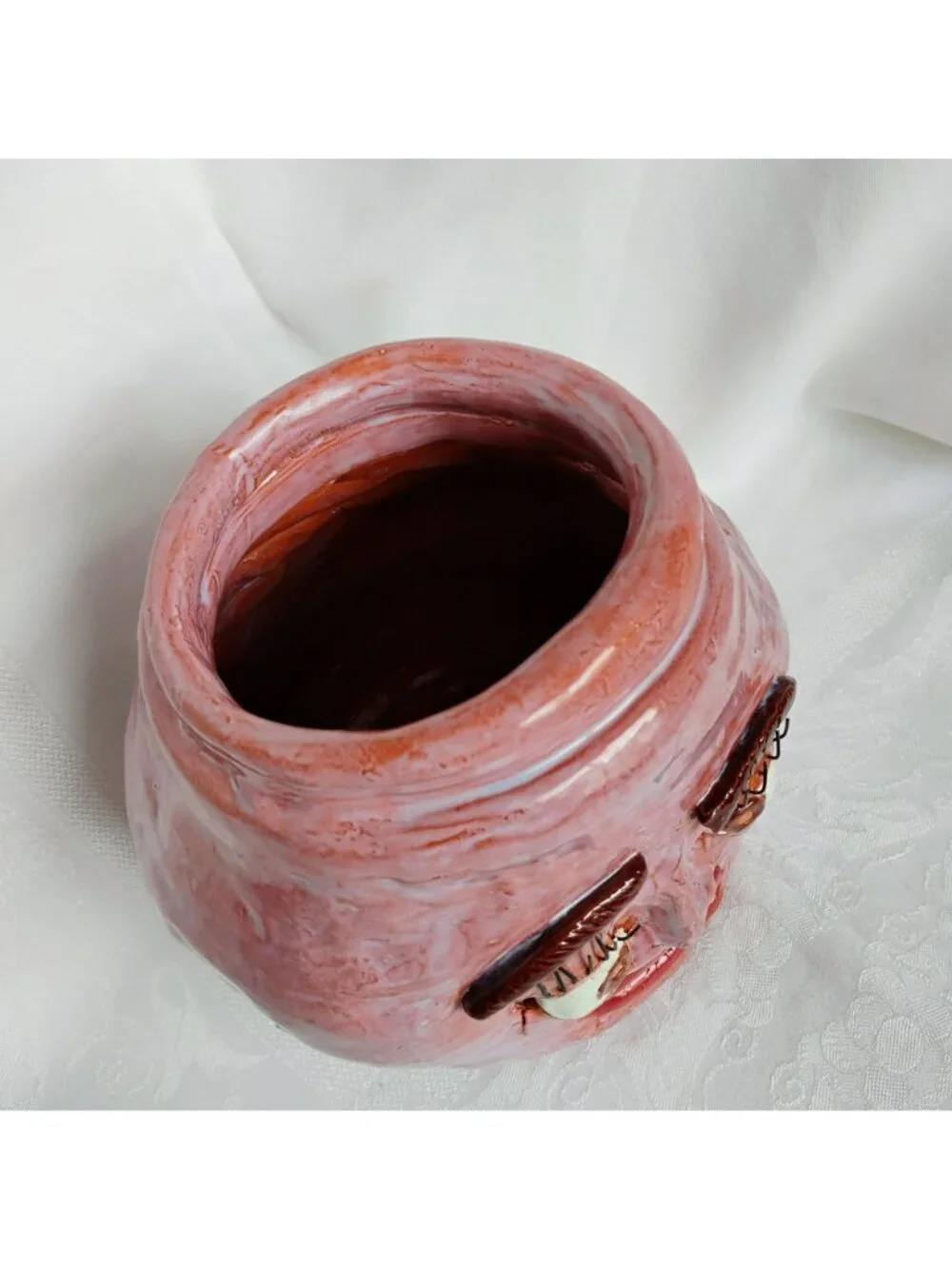 Whimsical Ceramic Ugly Face Jug Handmade Carolina Pottery Pink Planter Pot Vase - Picture 8 of 11